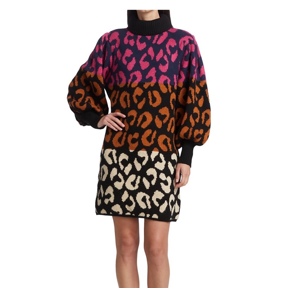 Farm Rio Striped Leopard-Pattern Sweater dress